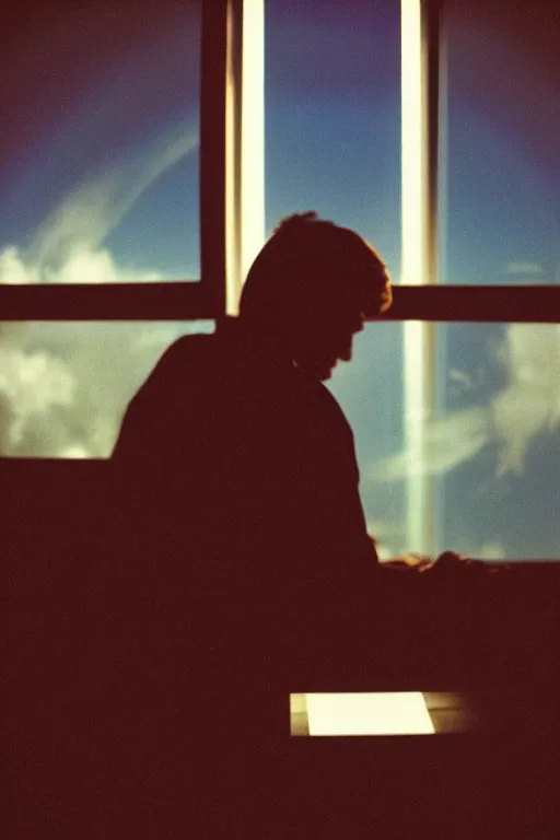 Prompt: agfa vista 4 0 0 photograph of a guy in a spaceship looking out a window into space, back view, synth vibe, vaporwave colors, lens flare, moody lighting, moody vibe, telephoto, 9 0 s vibe, blurry background, grain, tranquil, calm, faded!,