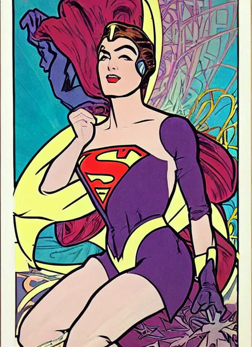 Image similar to a beautiful young woman. she is a superhero, wearing a superhero costume. well composed, clean elegant painting, beautiful detailed face. retro comic book art by steve ditko and jack kirby and ( alphonse mucha )