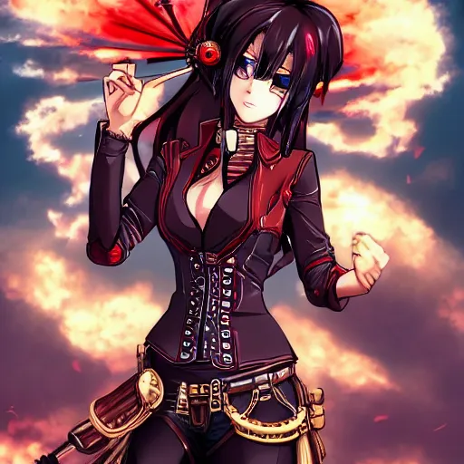 Image similar to steampunk beautiful anime woman, red shirt brown pants, black and blue hair, symmetrical face, symmetrical eyes, action scene, shooting fire war, detailed, summer setting, cinematic lighting