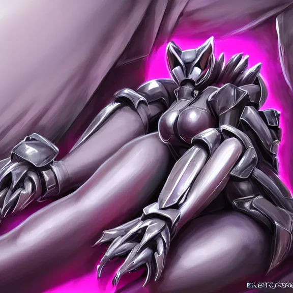 Image similar to very close up foot pov shot, detailed foot shot, paw art, hyperdetailed elegant beautiful stunning hot anthropomorphic mecha female dragon, laying down showing quality mecha dragon feet at camera, furry paw, anthro paw, dragon paw, beans, sharp silver armor fuchsia skin, sleek legs, warframe fanart, furaffinity, deviantart, ekasportal