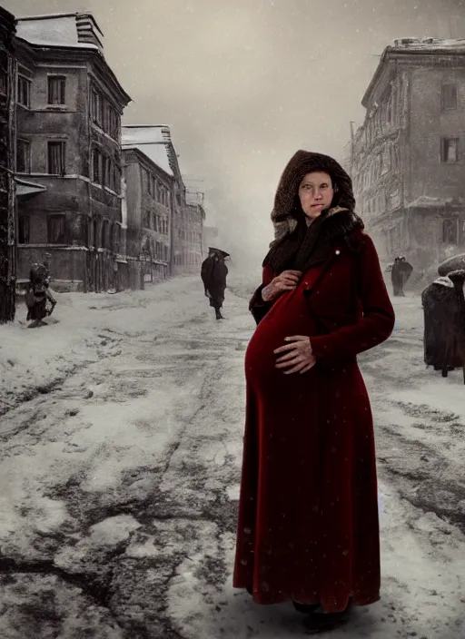 Image similar to full-length portrait of a pregnant woman on the street of besieged Leningrad, historically reliable photo chronicle, winter 1941, , ultra detailed, digital art, octane render, 4K, dystopian, micro details