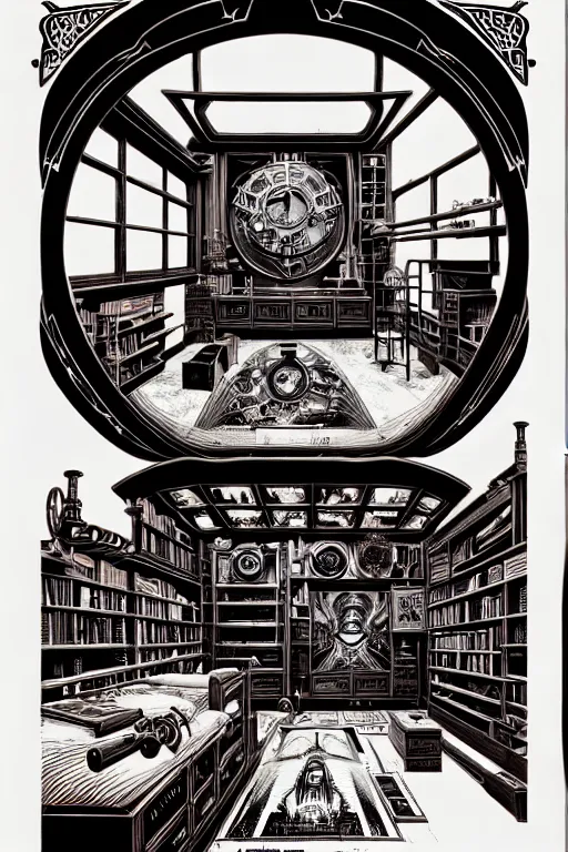 Image similar to a majestic steampunk alchemists bookshelf, two point perspective, furniture, high details, bold line art, by vincent di fate and joe fenton, inking, etching, screen print, masterpiece, trending on artstation, sharp, high contrast, hyper - detailed,, hd, 4 k, 8 k