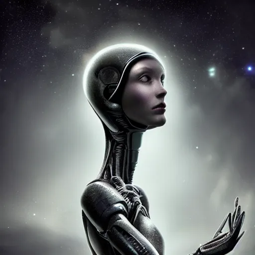 Image similar to A young beautiful female extraterrestrial-cyborg face with a very long neck, big clear eyes, thin nose, big lips, hair floating in the wind:: alien is from the future, Realistic, Refined, Detailed Digital Art, Pre-Raphaelite,Renaissance, Highly Detailed, Cinematic Lighting, rim light, black and white, photo-realistic Unreal Engine, 8K