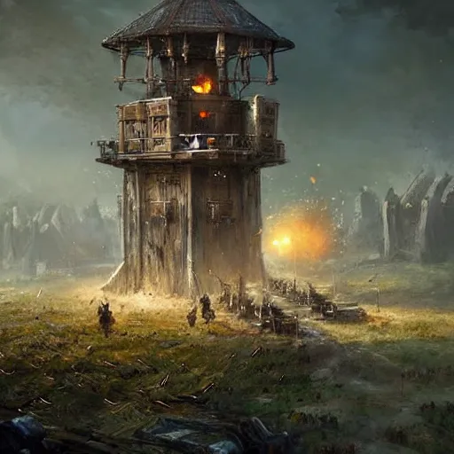 Image similar to a moving siege tower with cart wheels, crossbow on the tower, epic fantasy style art by Craig Mullins, fantasy epic digital art, epic fantasy card game art by Greg Rutkowski