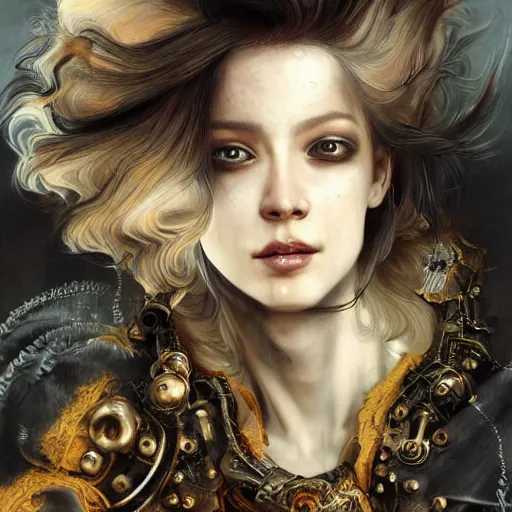 Image similar to portrait, headshot, insanely nice professional hair style, dramatic hair color, digital painting, of a old 17th century, old cyborg merchant, amber jewels, baroque, ornate clothing, scifi, realistic, hyperdetailed, chiaroscuro, concept art, art by Franz Hals and Jon Foster and Ayami Kojima and Amano and Karol Bak,