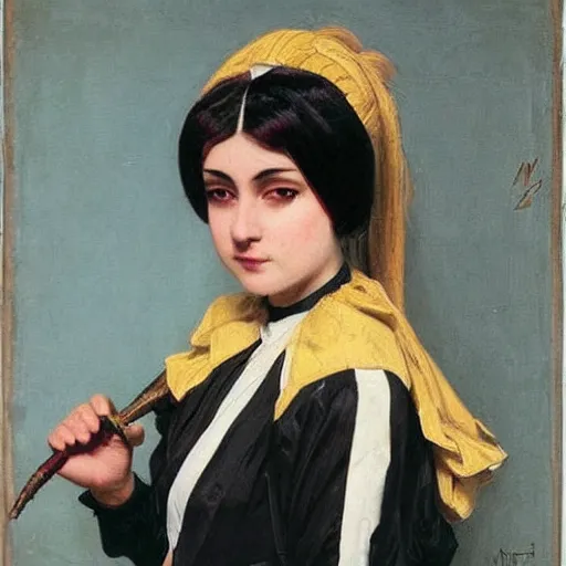 Image similar to maid! cosplay, symmetric beautiful face, orientalism portrait of a cute young woman with twin tails by Edwin Longsden Long and Theodore Ralli and Nasreddine Dinet and Adam Styk masterful intricate artwork