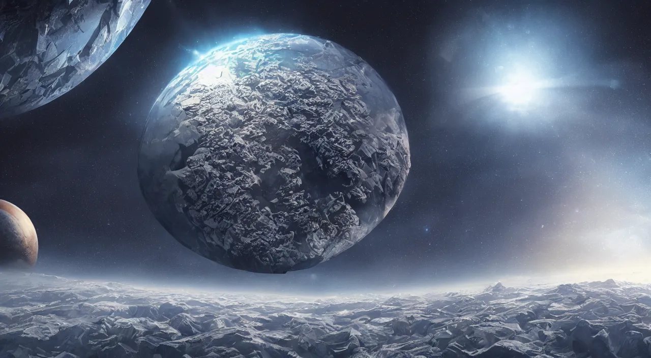 Image similar to hyper realistic matte painting of frozen flat earth planet in the outer space, highly detailed, trending on artstation, concept art, sharp focus, art by jan matejko