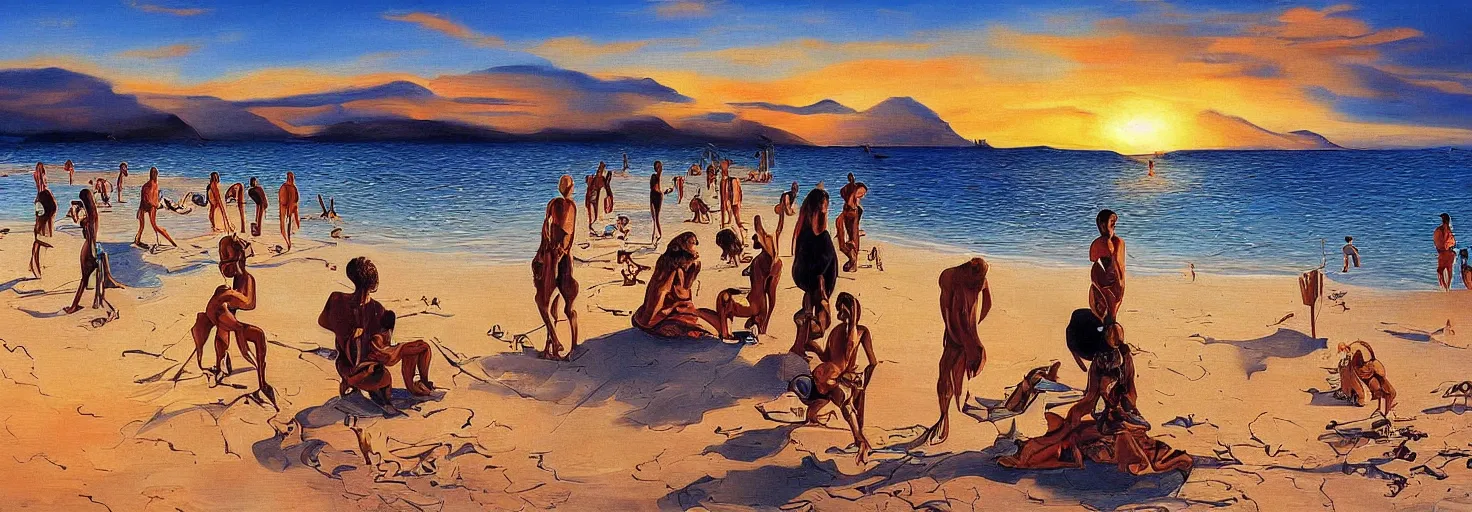 Image similar to People in beach by Salvador Dali and Bob Ross collaboration, mural, sun set, digital art, high details