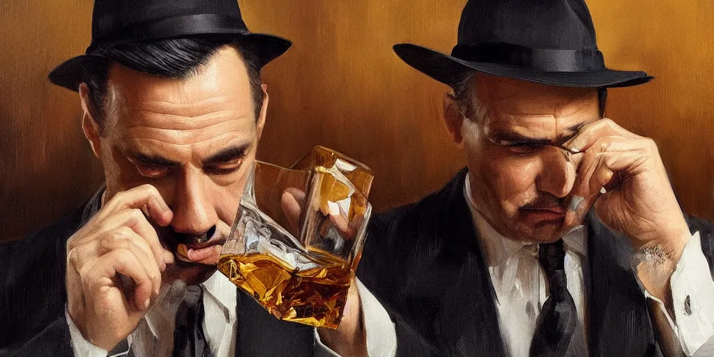 Image similar to beautiful oil matte portrait painting, mafia boss drinking whiskey at his 5 0 s new york office desk, wonderful masterpiece highly detailed, beautiful cinematic light deep focus, elegant, digital painting, smooth, sharp focus, golden ratio, dramatic illumination, ultra realistic, 8 k, art by jimmy law