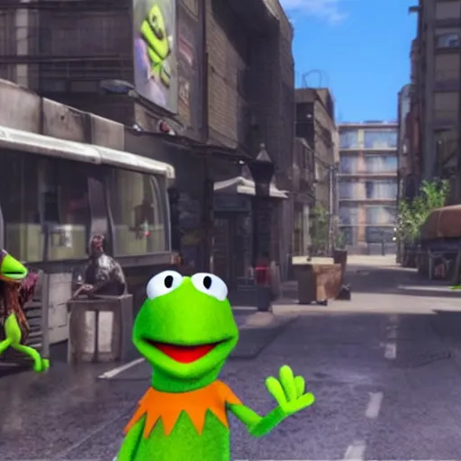 Image similar to a still of from the movie the muppet movie crossover with the game deus ex : mankind divided