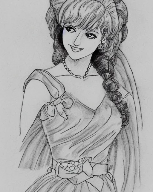 Prompt: inked sketch of princess diana, drawn by naoko takeuchi