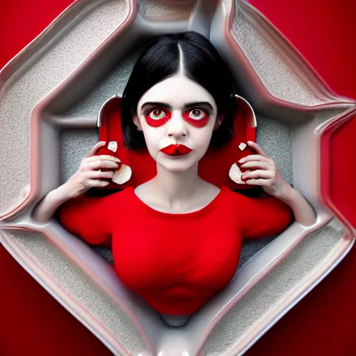 Image similar to cute girl in red dress with black hair and large beautiful eyes consuming ice cream in her bed, digital art, full body shot, perfect symmetrical body, perfect symmetrical face, coherent symmetrical eyes, by peter kemp, by monia merlo, hyperdetailed, octane render, 8 k