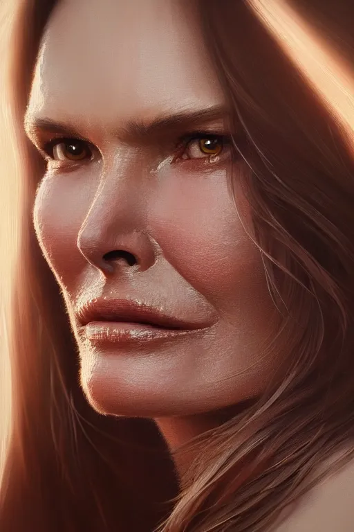 Prompt: ultra detailed close up facial portrait of elle macpherson, extremely detailed digital painting, in the style of fenghua zhong and ruan jia and jeremy lipking and peter mohrbacher, mystical colors, rim light, beautiful lighting, 8 k, stunning scene, raytracing, octane, trending on artstation