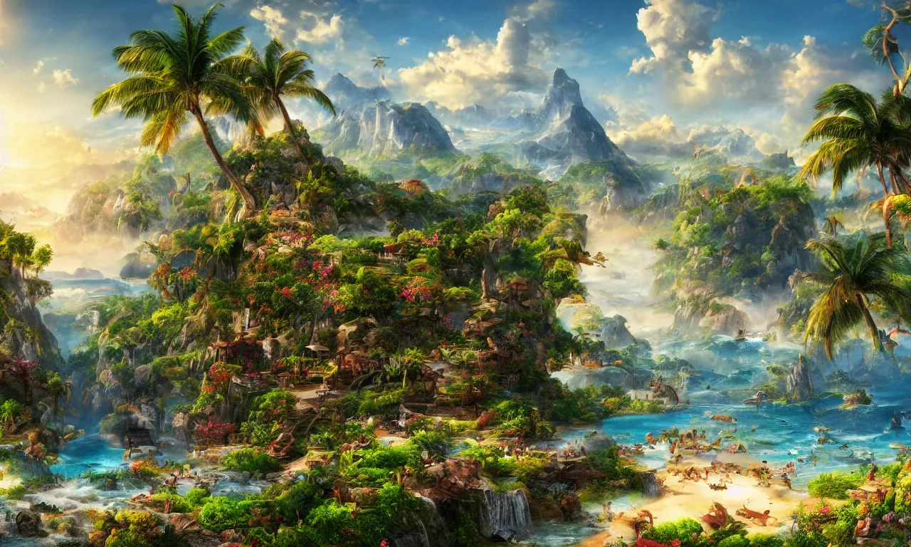 Image similar to epic paradise landscape, high definition, high detail, 8k, photorealistic,