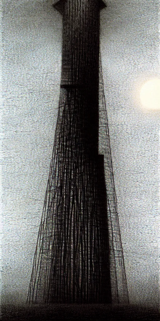 Prompt: A tower connected with cables, shining light, rays of light, by beksinski, shining light, high clouds, fog, Award winning, pencil drawing, masterpiece, detailed illustration