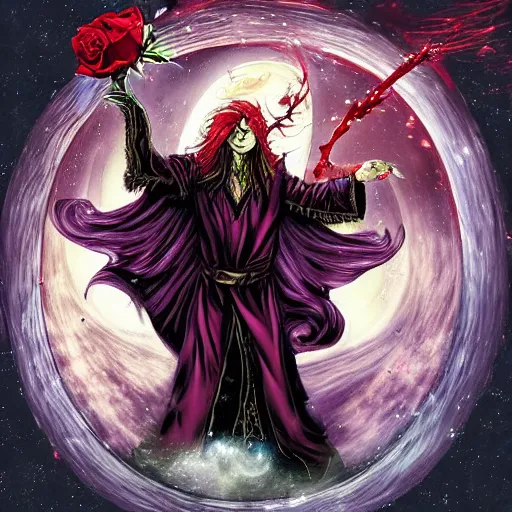 Image similar to The celestial warlock (a beautiful half elf with long red hair) clumsily knocks a single red rose from the top of a funerary urn, releasing an angry wraith from inside the urn. The urn is on the floor, the rose is falling. Dramatic digital art illustration in comic book style by Simon Bisley