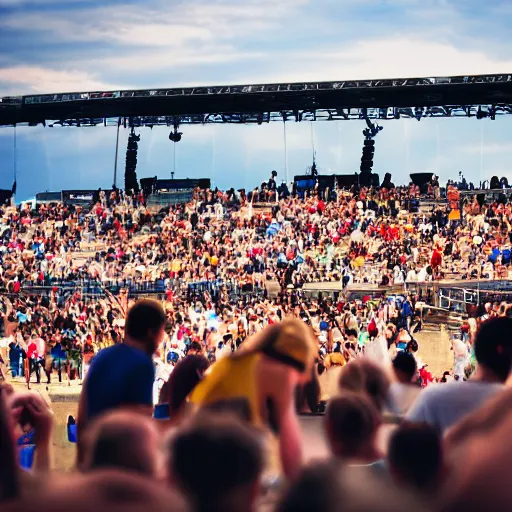 Image similar to photo of a group of people, focus on people dancing, jones beach amphitheater, focused and realistic picture