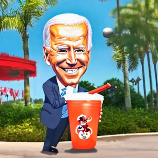 Prompt: a caricature of Joe Biden drinking a slushie at disney world