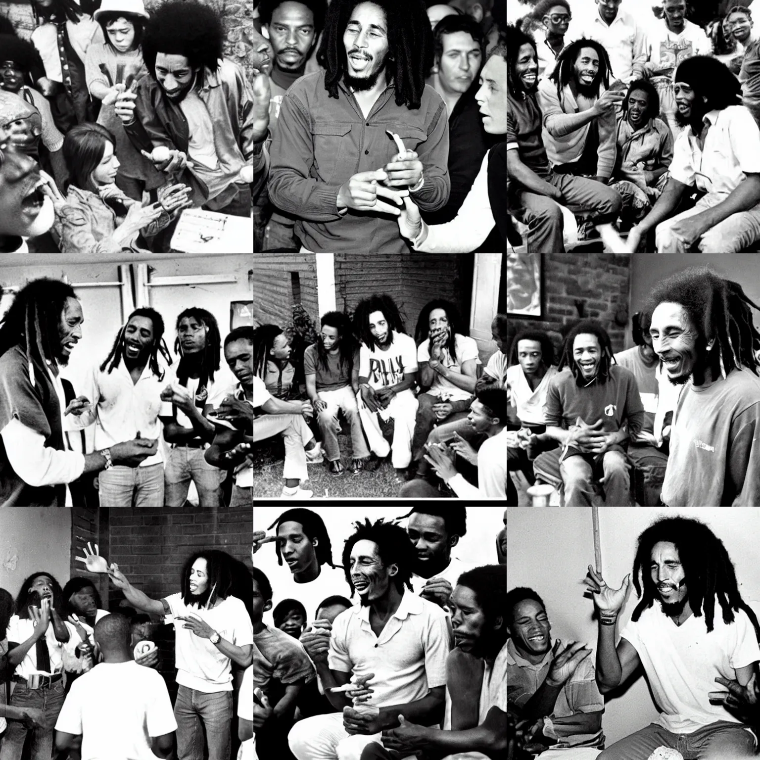 Prompt: bob marley teaching a class of people the importance of the rule'puff puff pass'