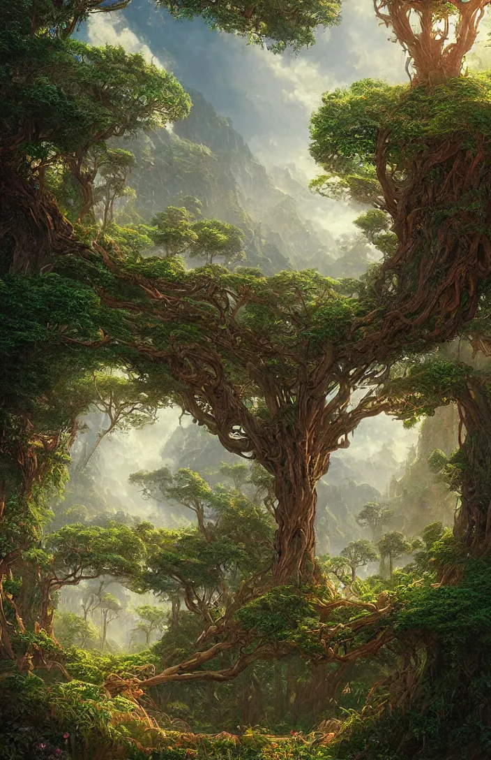 Image similar to beautiful hyper realistic detailed matte painting of fantasy tree of life in garden of eden, hdr, by Moebius and John Howe and Albert Bierstadt and Alena Aenami, ultra detailed, high resolution