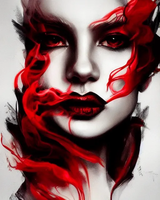 Prompt: black red ink smoke twisting, beauty portrait, artgerm, wlop, artstation, tony sart, deviantart, noir