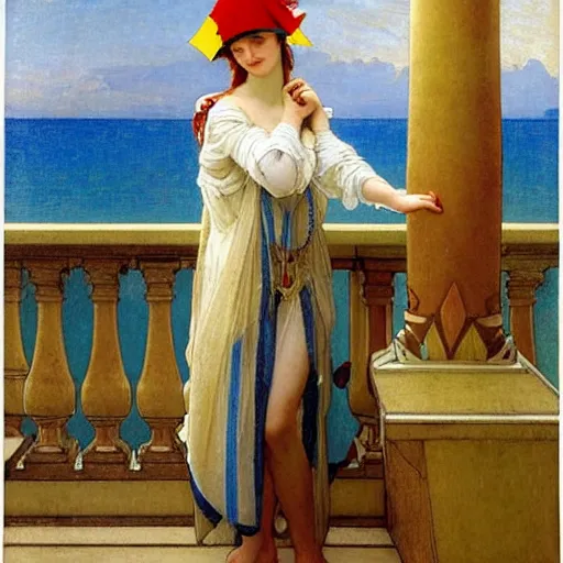 Image similar to A girl with jester hat and clothes on the front of a Balustrade with a beach on the background, major arcana clothes, by paul delaroche, alphonse mucha and arnold böcklin arnold böcklin hyperrealistic 8k, very detailed