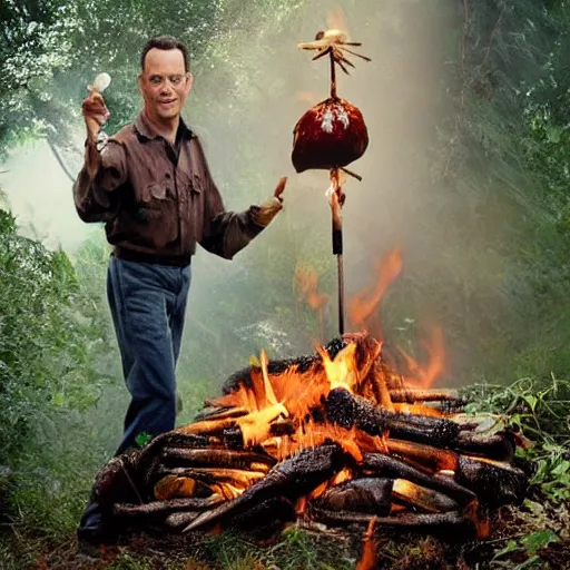 Image similar to tom hanks as forrest gump holding a giant shrimp skewer over a campfire in the jungle, realistic digital painting, in the style of Aleksi Briclot, photoreailstic, realistic face, amazing detail, sharp