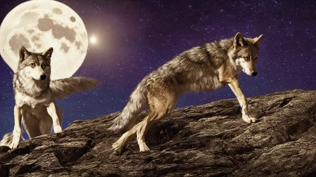 Prompt: Beautiful cinematography of a close up highly detailed David Bowie riding a wolf at night, while on top of a large cliff with the full moon in the background