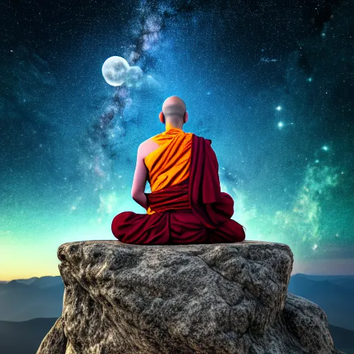 Prompt: high definition render of a monk on top of a mountain, full moon, milky way, galaxy, buddhism, 8 k, intricate, raytracing, cinematic, alex gray