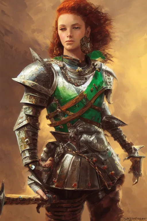 Prompt: highly detailed full body portrait painting of a proud young female knight in the style of Warhammer Fantasy by Craig Mullins, medium hair, green eyes, earrings, no helmet, low angle shot, highly detailed, trending on artstation, cgsociety, 4k, 8k, HDR, octane render, unreal engine