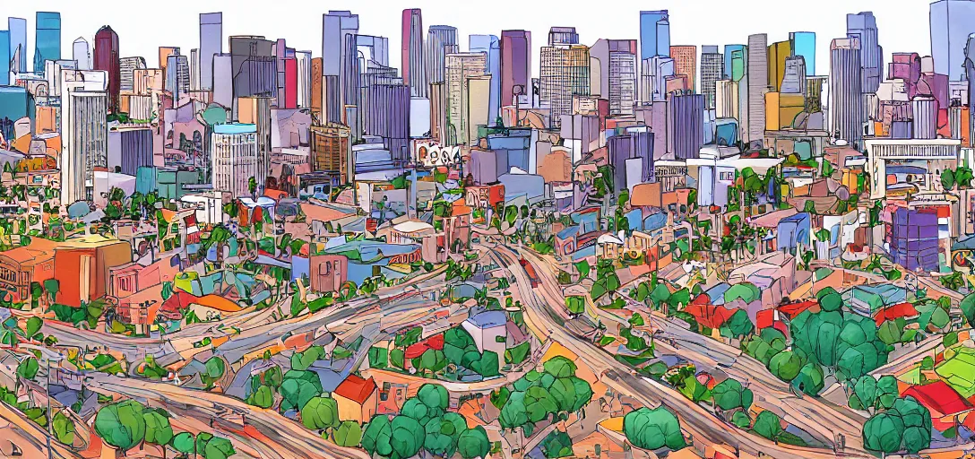 Image similar to visual development los angeles skyline cityscape, by lou romano, pixar disney