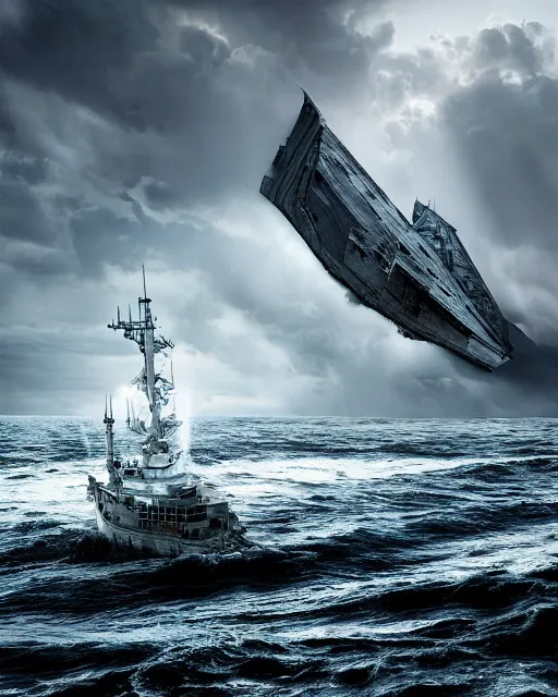 Image similar to a fishing boat on stormy seas, a gigantic star destroyer spaceship flying overhead, the gigantic star destroyer spaceship is emerging from storm clouds, sunset lighting, stormy weather, dramatic lighting, lightning, unreal engine, hyper realism, realistic shading, cinematic composition, realistic render, octane render, detailed textures, photorealistic, ultrawide shot, 1 6 mm lens