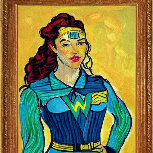 Image similar to Portrait painting of modern Vincent Van Gogh but in a Wonder Woman costume cosplaying as Gal Godot Wonder Woman Superhero by Claude Monet, original Post Impressionist art