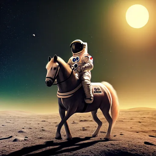 Prompt: professional photo of astronaut riding a horse on the moon, hyperrealistic masterpiece, trending on artstation, cgsociety, kodakchrome, golden ratio, cinematic, composition, beautiful lighting, hyper detailed, sharp focus, octane render, 4 k, unreal engine