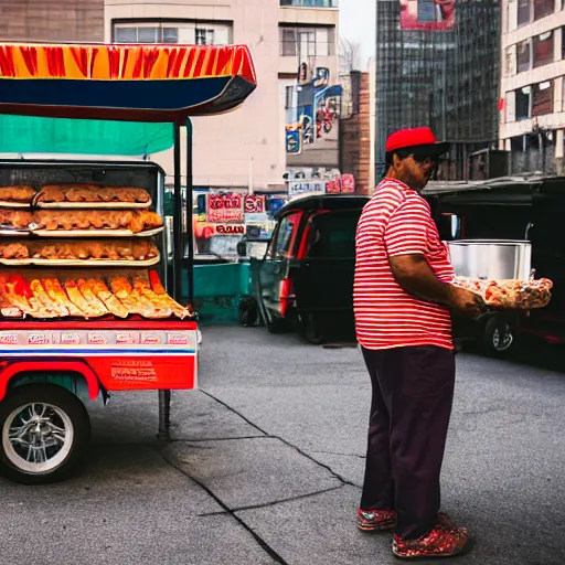 Image similar to portrait of a strange man selling hot dogs, 🌭, eccentric, canon eos r 3, f / 1. 4, iso 2 0 0, 1 / 1 6 0 s, 8 k, raw, unedited, symmetrical balance, wide angle