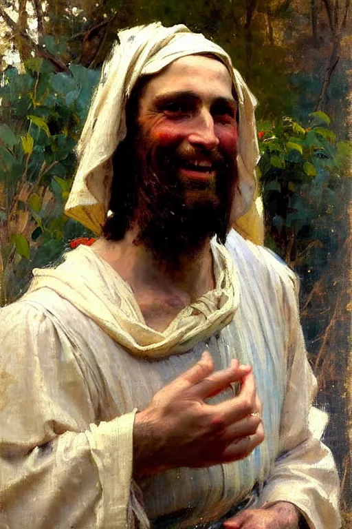 Image similar to impressionist brushstrokes!!!!!!!!! solomon joseph solomon and richard schmid and jeremy lipking victorian loose genre loose painting full length portrait painting of jesus with a slight smile happy inviting