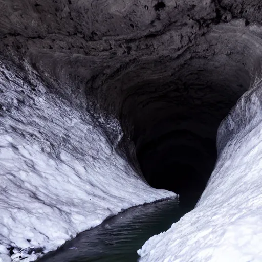 Prompt: dark ice cave with low ceiling and narrow rough river running through it, surreal,