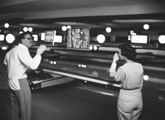 Prompt: a 35mm photograph of a man and a woman at a bowling alley in the 1950's at sunset, bokeh, Canon 50mm, cinematic lighting, photography, retro, film, Kodachrome