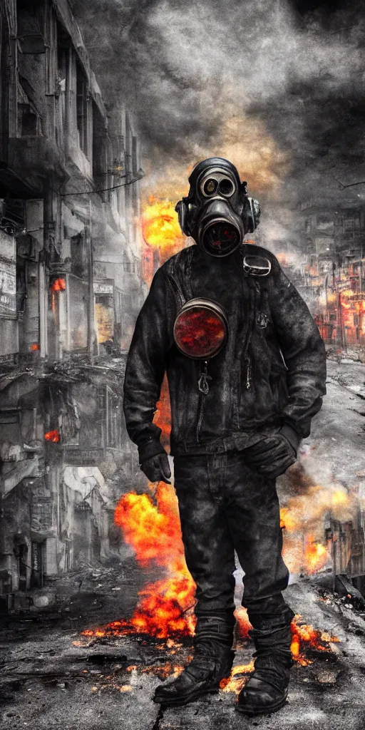 Image similar to post - apocalyptic city streets, close - up shot of an anarchist with a gasmask, burned cars, explosions, colorful smoke, hyperrealistic, gritty, damaged, dark, urban photography, photorealistic, high details