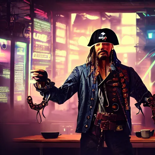 Image similar to high quality portrait of a pirate with four arms in a cyberpunk cyberpunk cyberpunk cafe, realism, 8k, award winning photo