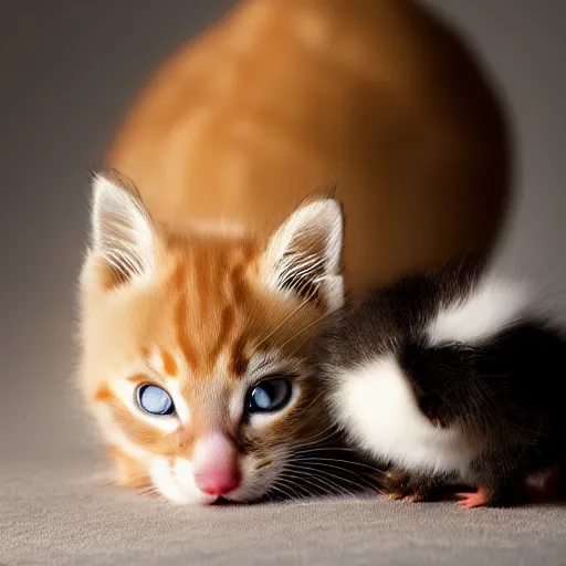 Image similar to 35mm macro shot a kitten licking a baby duck, studio lighting