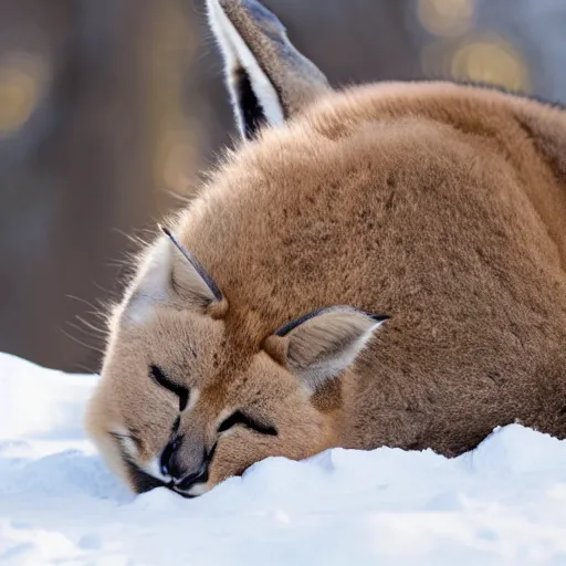 Image similar to photo still of drunk sleepy fat chubby caracal, lying sleeping on snow, big stomach, fullbody, sunny winter day