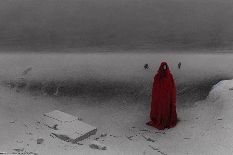 Image similar to a surrealist painting of a lonely woman with pale skin and red hair, standing over pile of bodies in post apocalyptic snowy landscape, painted by zdzisław beksinski