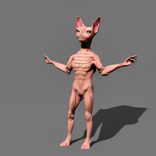 Prompt: Sphynx cat standing like a man, with pectoral muscles, wearing a fabric jacket, long tattoos on her hands, 3d render