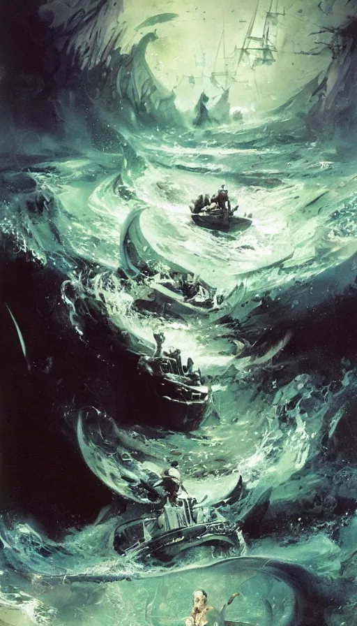 Prompt: man on boat crossing a body of water in hell with creatures in the water, sea of souls, by john berkey