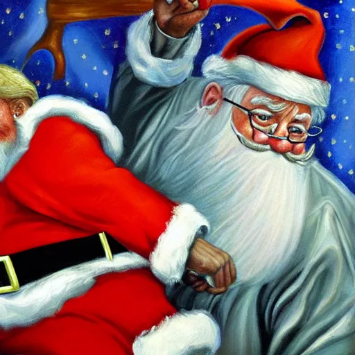 Prompt: detaile oil painting of santa claus beating up donald trump