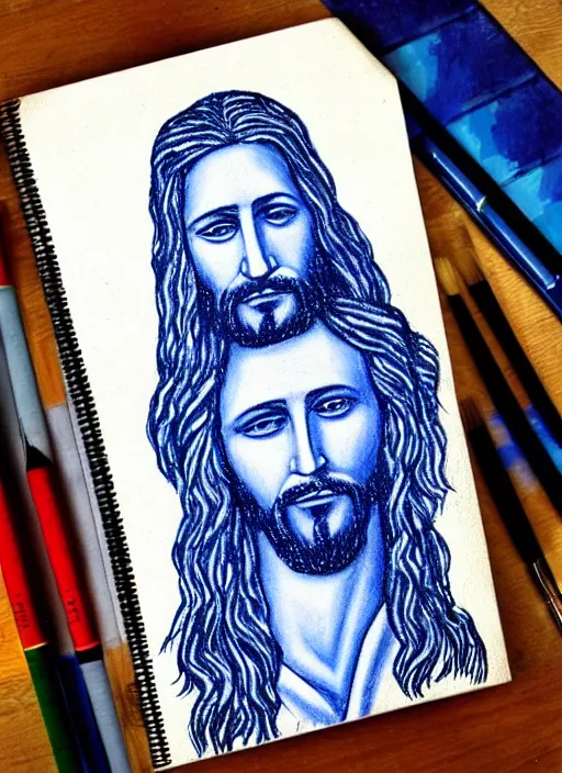 Image similar to painting of jesus drawn with blue pen on checkered notebook sheets,