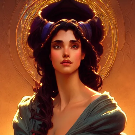 Image similar to Esmeralda from the Hunchback of Notre Dame, fantasy, intricate, elegant, highly detailed, digital painting, artstation, concept art, matte, sharp focus, illustration, art by Artgerm and Greg Rutkowski and Alphonse Mucha