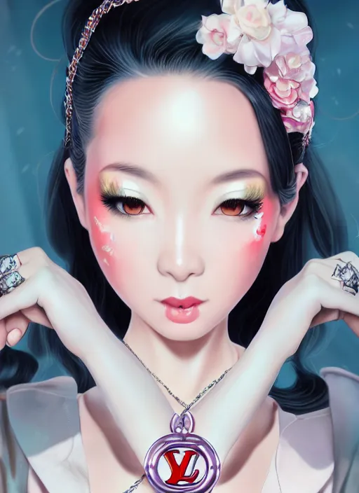 Image similar to a pin up and beautiful fashion dreamlke japan girl with lv jewelry, character art, art by artgerm, wlop, loish, hyperdetailed, 8 k realistic, symmetrical, global illumination, radiant light, frostbite 3 engine, cryengine, dof, trending on artstation, digital art, chanel, dior, detailed background