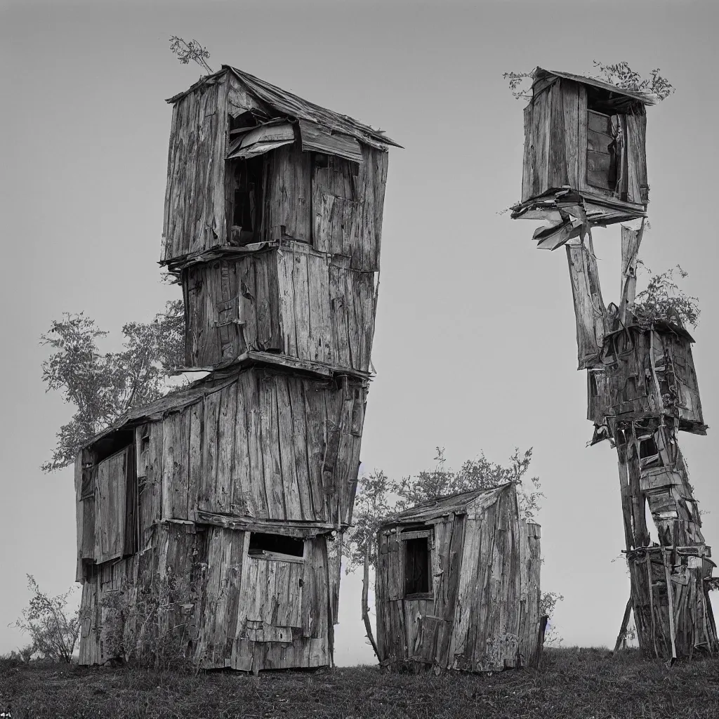 Prompt: two towers, made up of makeshift squatter shacks, misty, mamiya rb 6 7, fully frontal view, very detailed, photographed by ansel adams